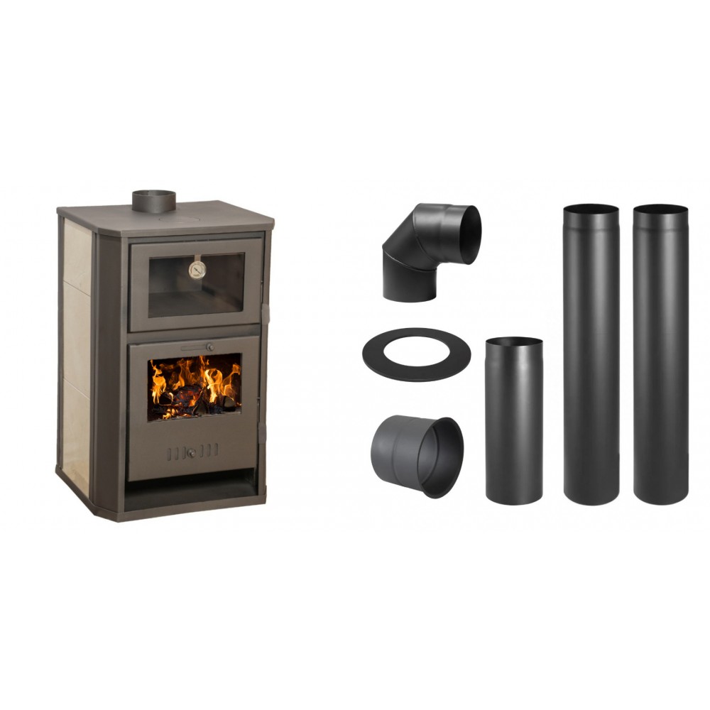 Set Kaminofen, Holzofen Wasserführend mit Backfach Balkan Energy, Modell Suzana Ceramic, 11.6kW - 17.5kW + Schornstein Bausatz PARKANEX, Stahl Ø150, Dicke 2mm | Wasserführender Kaminofen | Kaminofen |