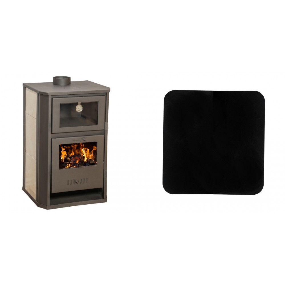 Set Kaminofen, Holzofen Wasserführend mit Backfach Balkan Energy, Modell Suzana Ceramic, 11.6kW - 17.5kW + Funkenschutzplatte Stahl 2mm, Größe 98x98cm