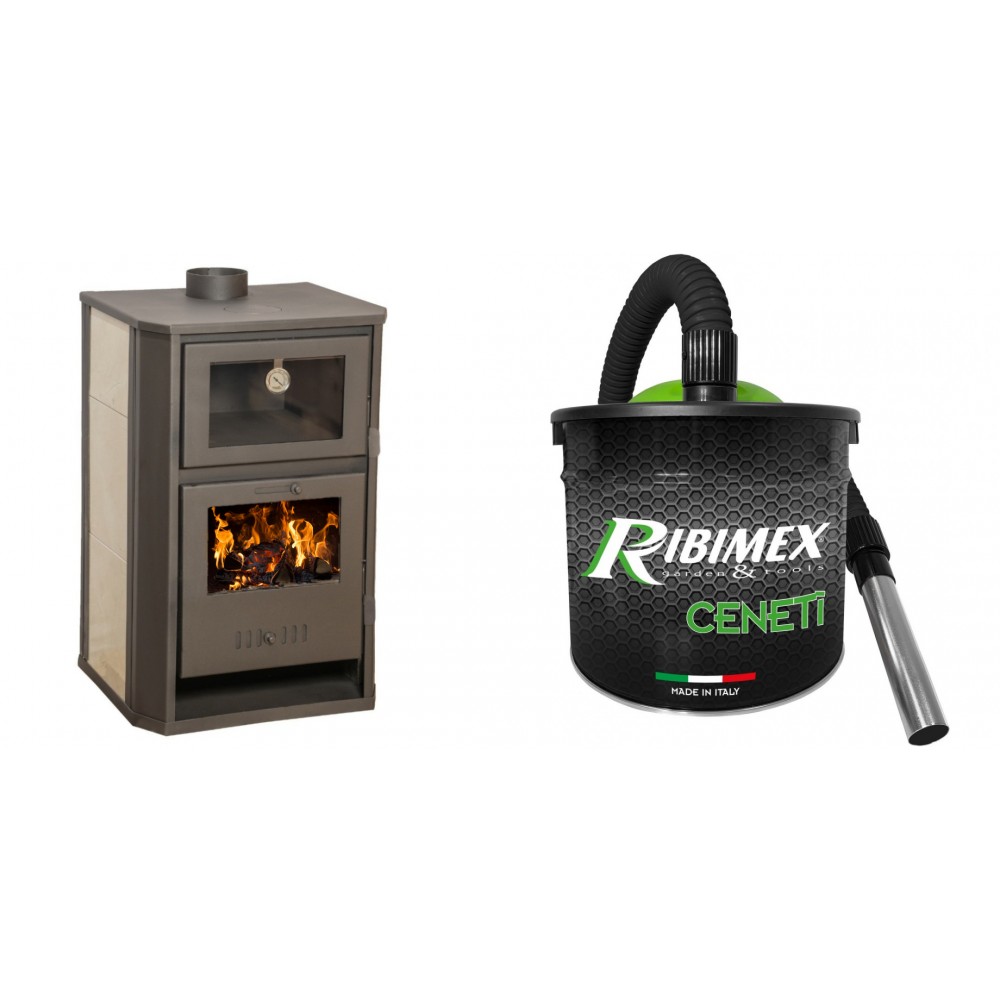 Set Kaminofen, Holzofen Wasserführend mit Backfach Balkan Energy, Modell Suzana Ceramic, 11.6kW - 17.5kW + Elektrischer Aschesauger Ribimex, Modell Cenetì, Fassungsvermögen 15 L