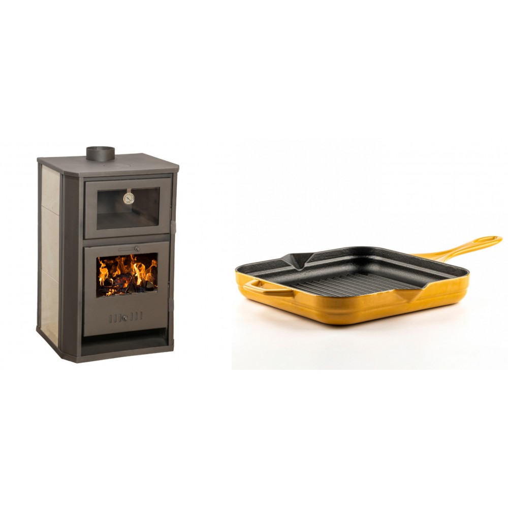 Set Kaminofen, Holzofen Wasserführend mit Backfach Balkan Energy, Modell Suzana Ceramic, 11.6kW - 17.5kW + Emaillierte grillpfanne Gusseisen Solagio, Dijon, 28х28cm