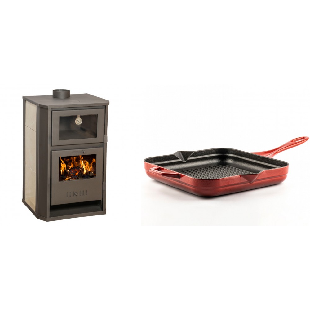 Set Kaminofen, Holzofen Wasserführend mit Backfach Balkan Energy, Modell Suzana Ceramic, 11.6kW - 17.5kW + Emaillierte grillpfanne Gusseisen Solagio, Rubin, 28x28cm | Wasserführender Kaminofen | Kaminofen |