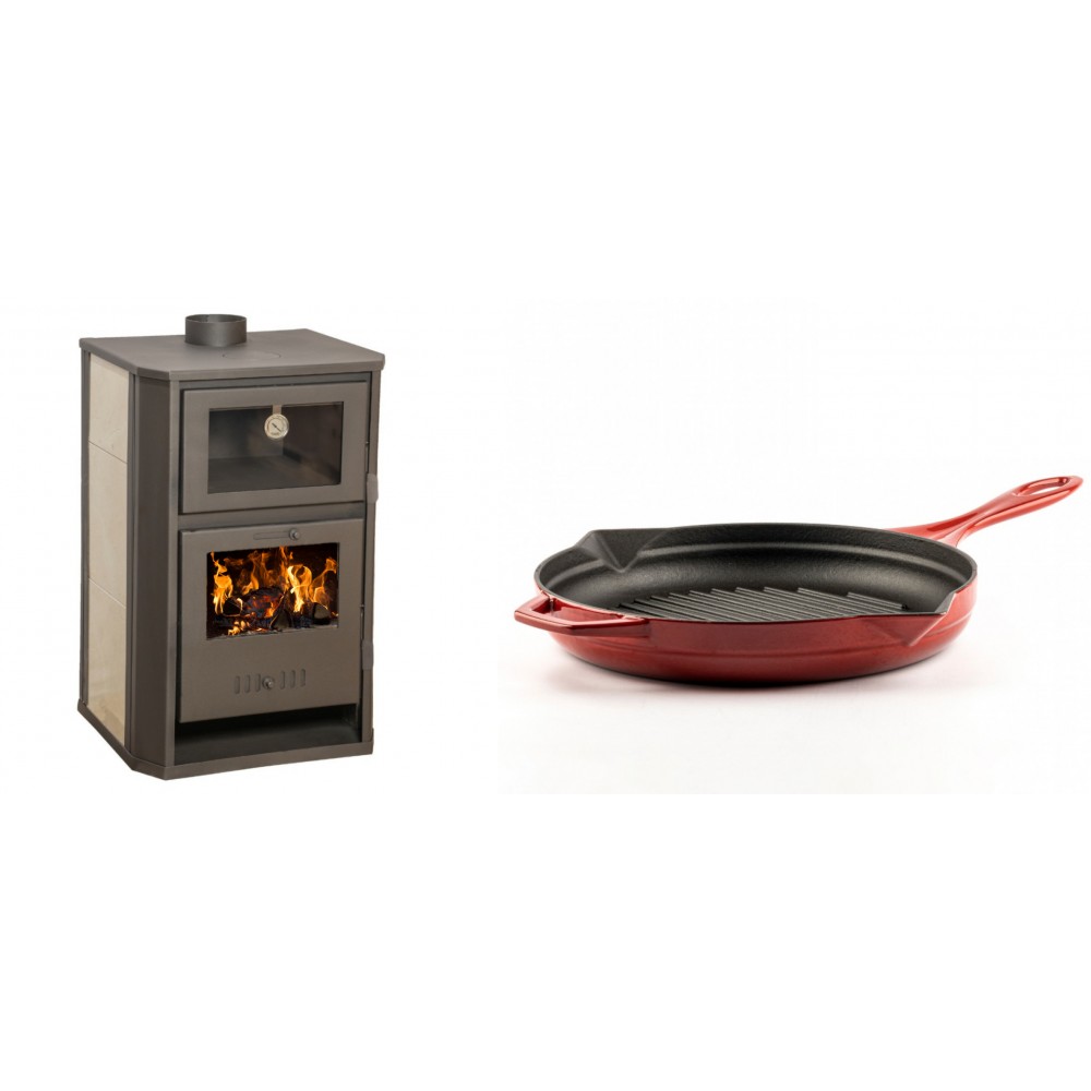 Set Kaminofen, Holzofen Wasserführend mit Backfach Balkan Energy, Modell Suzana Ceramic, 11.6kW - 17.5kW + Emaillierte grillpfanne Gusseisen Solagio, Rubin, Ф28cm | Wasserführender Kaminofen | Kaminofen |