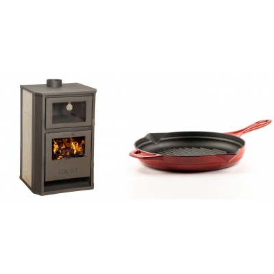 Set Kaminofen, Holzofen Wasserführend mit Backfach Balkan Energy, Modell Suzana Ceramic, 11.6kW - 17.5kW + Emaillierte grillpfanne Gusseisen Solagio, Rubin, Ф28cm - Balkan Energy
