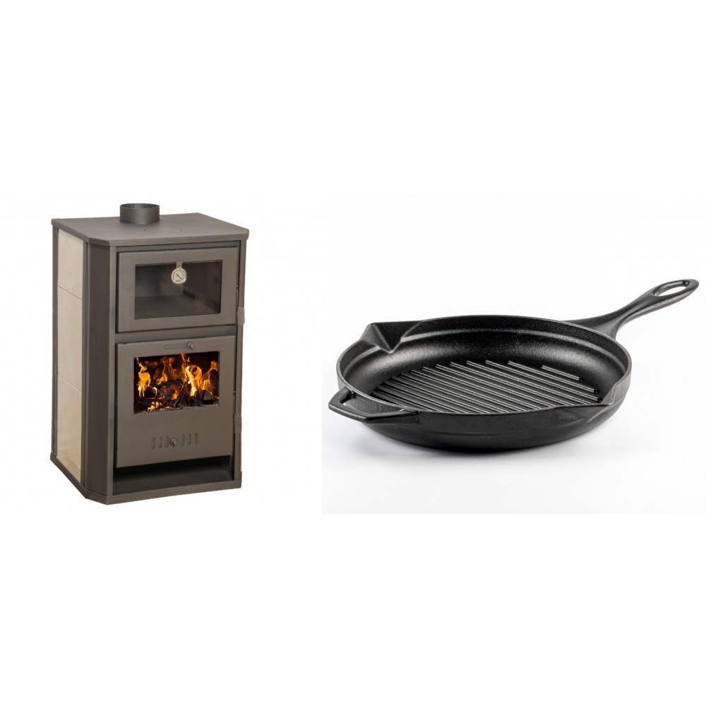 Set Kaminofen, Holzofen Wasserführend mit Backfach Balkan Energy, Modell Suzana Ceramic, 11.6kW - 17.5kW + Emaillierte grillpfanne Gusseisen Solagio, Black Onyx, Ф28cm | Wasserführender Kaminofen | Kaminofen |
