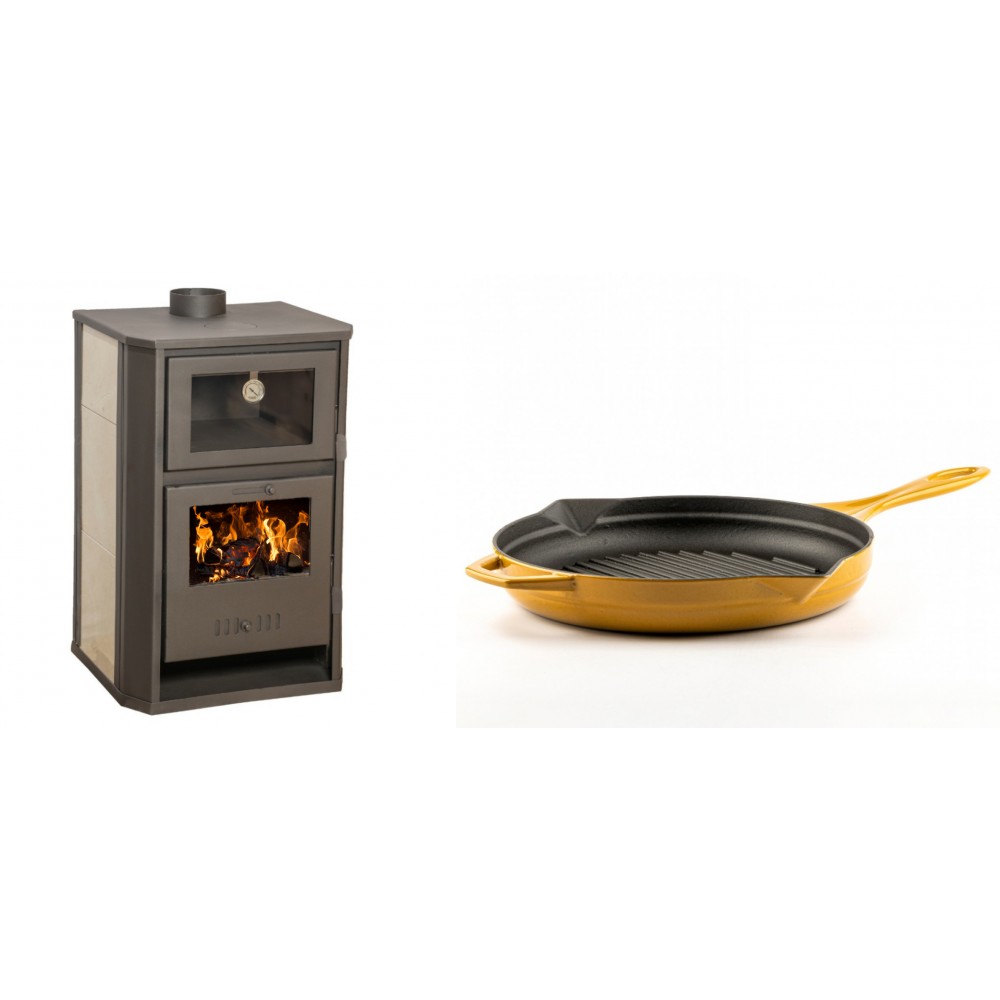 Set Kaminofen, Holzofen Wasserführend mit Backfach Balkan Energy, Modell Suzana Ceramic, 11.6kW - 17.5kW + Emaillierte grillpfanne Gusseisen Solagio, Dijon, Ф28cm
