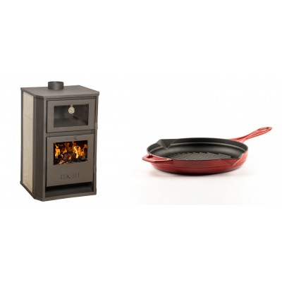 Set Kaminofen, Holzofen Wasserführend mit Backfach Balkan Energy, Modell Suzana Ceramic, 11.6kW - 17.5kW + Emaillierte grillpfanne Gusseisen Solagio, Rubin, Ф24cm - Balkan Energy