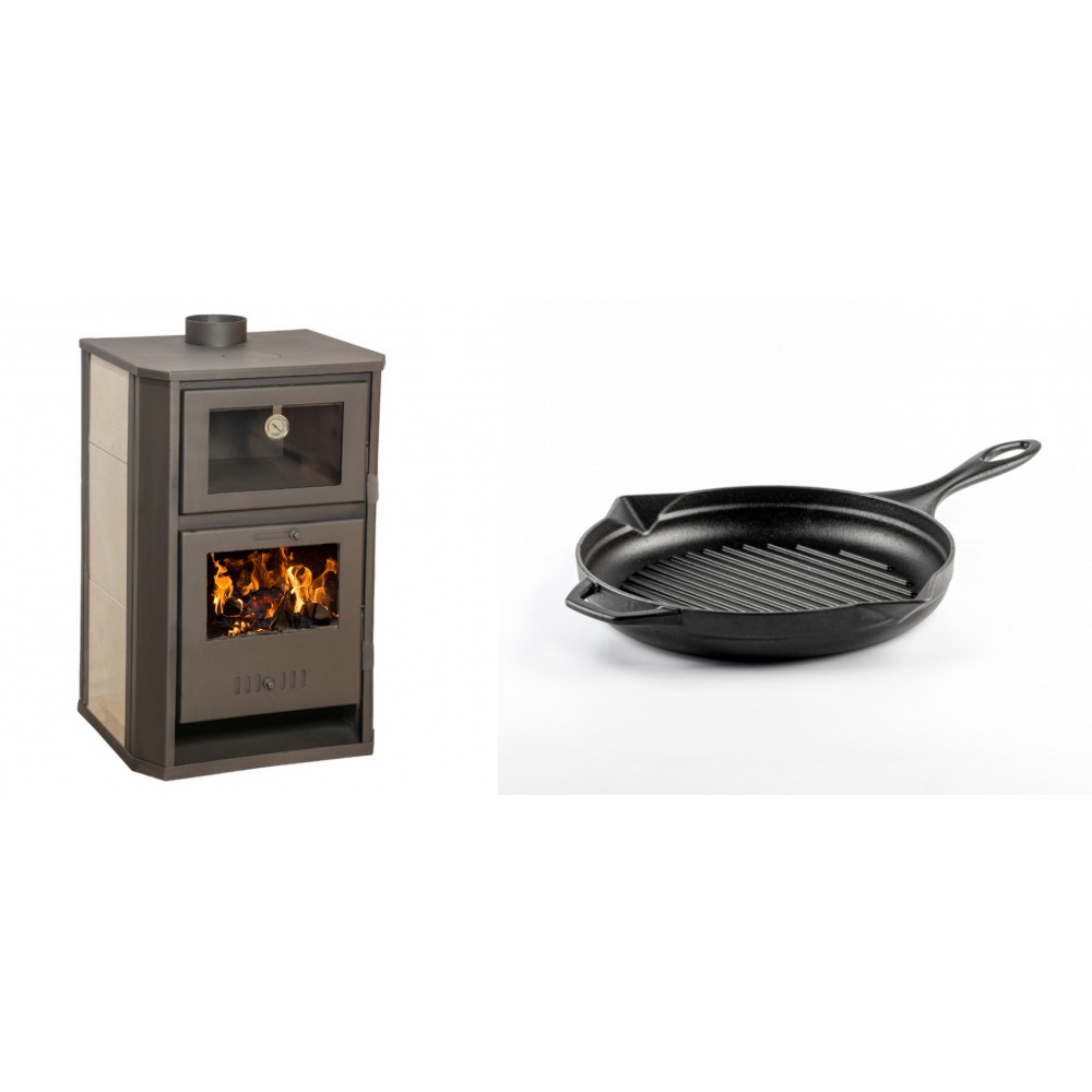 Set Kaminofen, Holzofen Wasserführend mit Backfach Balkan Energy, Modell Suzana Ceramic, 11.6kW - 17.5kW + Emaillierte grillpfanne Gusseisen Solagio, Black Onyx, Ф24cm