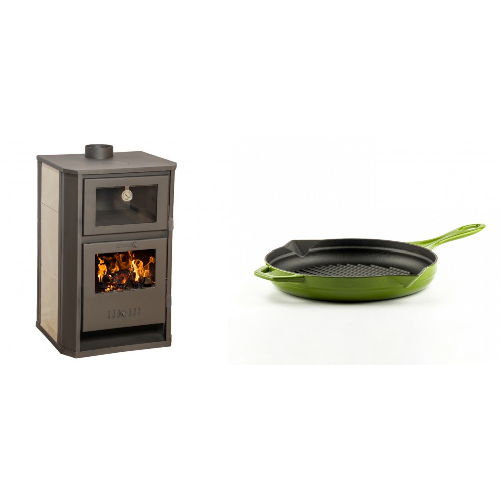 Set Kaminofen, Holzofen Wasserführend mit Backfach Balkan Energy, Modell Suzana Ceramic, 11.6kW - 17.5kW + Emaillierte grillpfanne Gusseisen Solagio, Bamboo, Ф24cm | Wasserführender Kaminofen | Kaminofen |