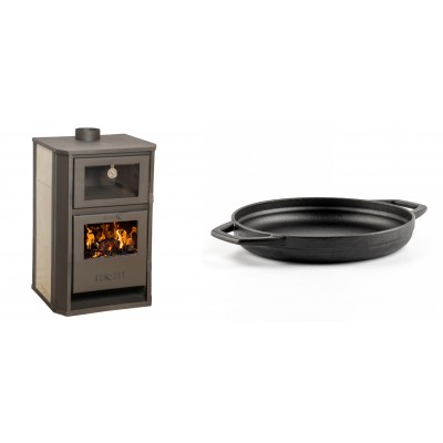 Set Kaminofen, Holzofen Wasserführend mit Backfach Balkan Energy, Modell Suzana Ceramic, 11.6kW - 17.5kW + Emaillierte gusseisenpfanne mit zwei Griffen Solagio, Black Onyx, Ф22cm - Balkan Energy