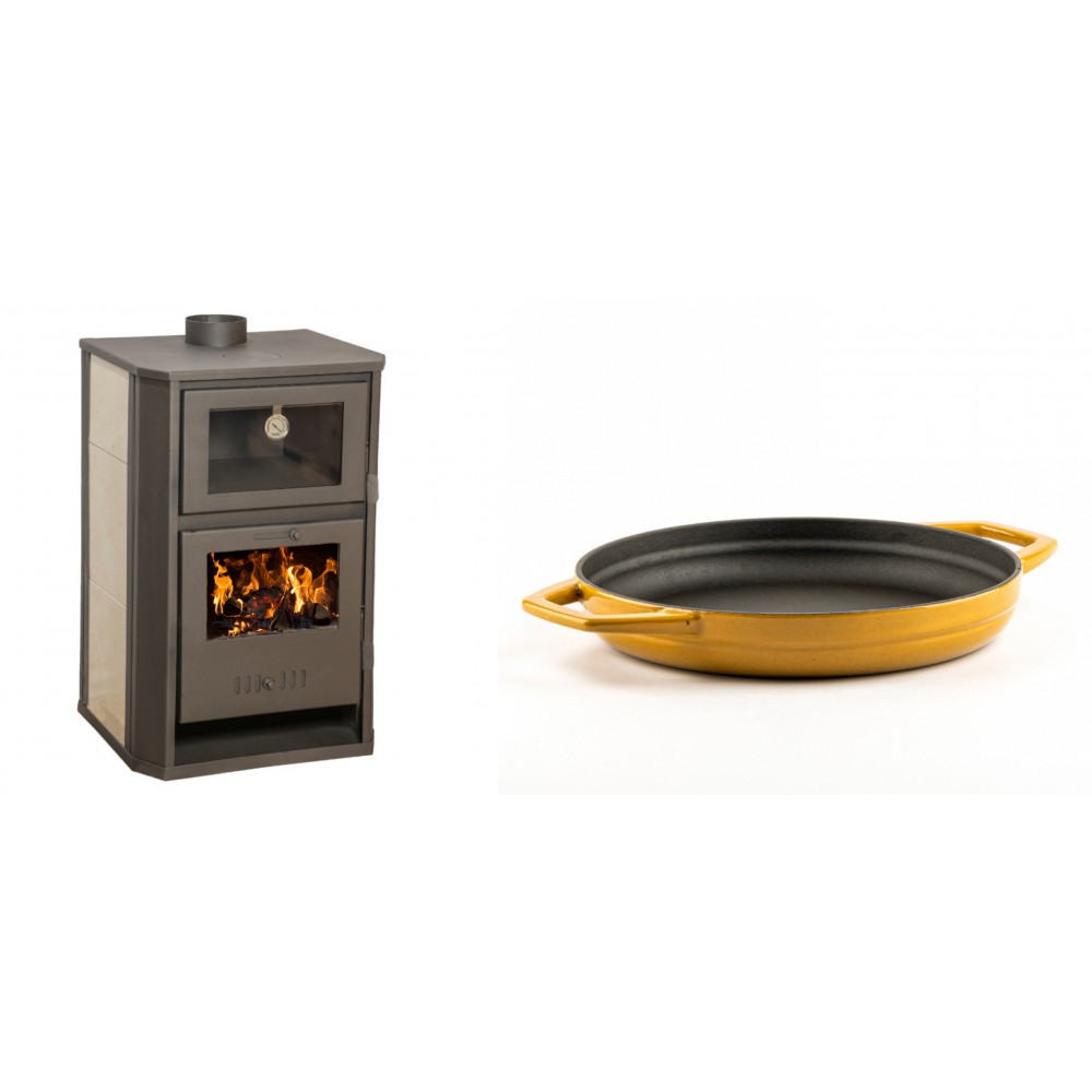 Set Kaminofen, Holzofen Wasserführend mit Backfach Balkan Energy, Modell Suzana Ceramic, 11.6kW - 17.5kW + Emaillierte gusseisenpfanne mit zwei Griffen Solagio, Dijon, Ф22cm | Wasserführender Kaminofen | Kaminofen |