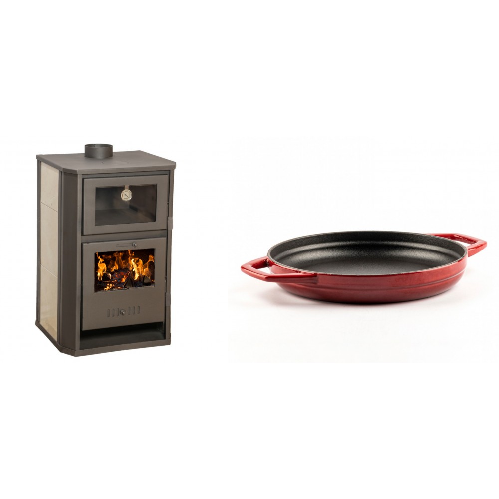 Set Kaminofen, Holzofen Wasserführend mit Backfach Balkan Energy, Modell Suzana Ceramic, 11.6kW - 17.5kW + Emaillierte gusseisenpfanne mit zwei Griffen Solagio, Rubin, Ф22cm