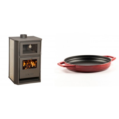Set Kaminofen, Holzofen Wasserführend mit Backfach Balkan Energy, Modell Suzana Ceramic, 11.6kW - 17.5kW + Emaillierte gusseisenpfanne mit zwei Griffen Solagio, Rubin, Ф22cm - Balkan Energy