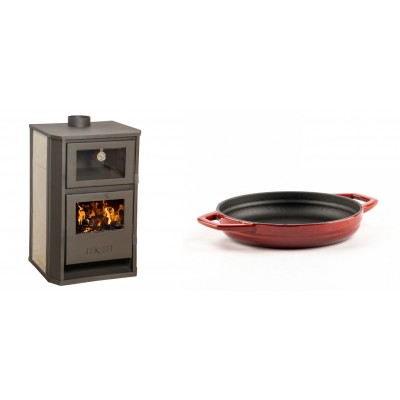 Set Kaminofen, Holzofen Wasserführend mit Backfach Balkan Energy, Modell Suzana Ceramic, 11.6kW - 17.5kW + Emaillierte gusseisenpfanne mit zwei Griffen Solagio, Rubin, Ф19cm - Balkan Energy