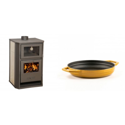 Set Kaminofen, Holzofen Wasserführend mit Backfach Balkan Energy, Modell Suzana Ceramic, 11.6kW - 17.5kW + Emaillierte gusseisenpfanne mit zwei Griffen Solagio, Dijon, Ф19cm - Balkan Energy
