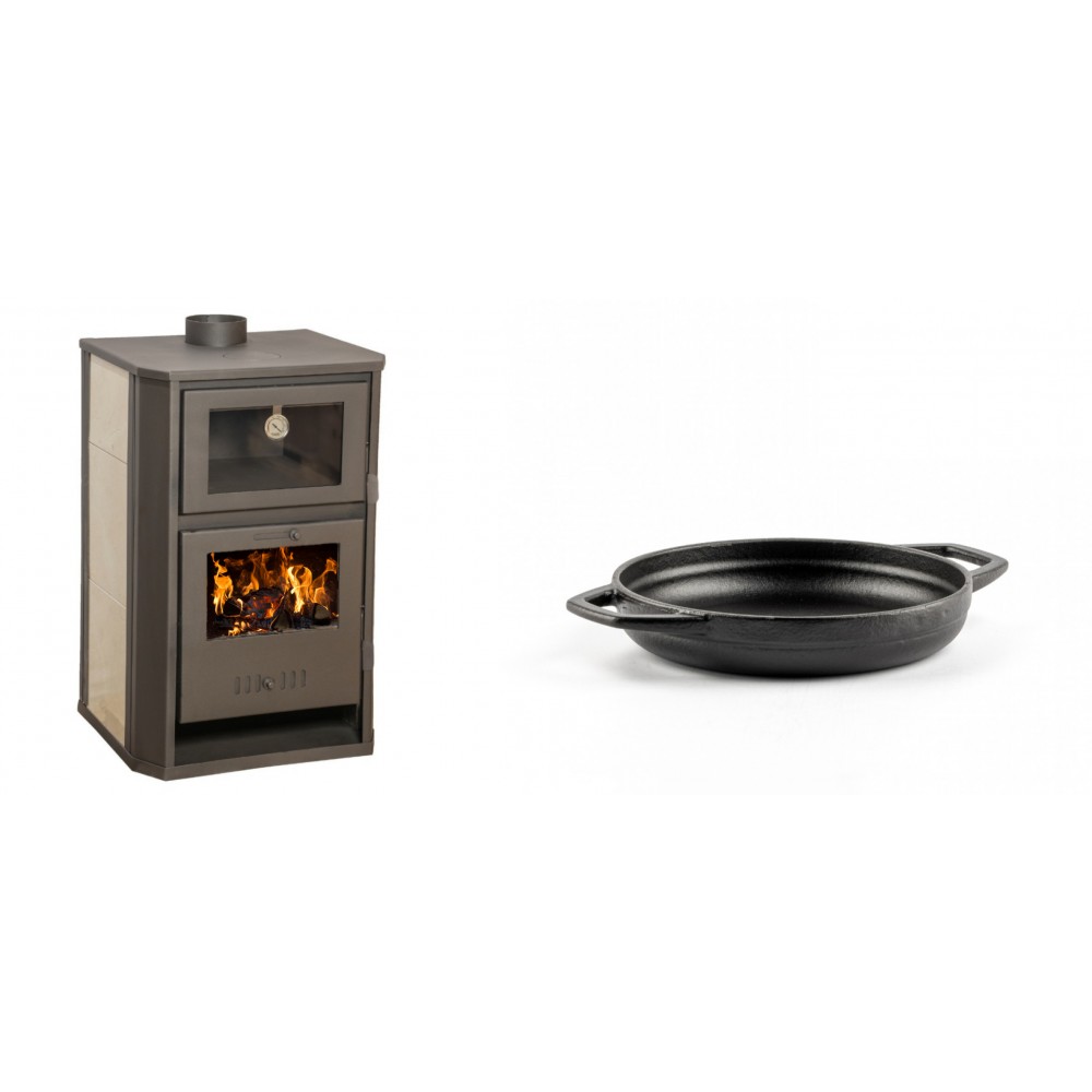Set Kaminofen, Holzofen Wasserführend mit Backfach Balkan Energy, Modell Suzana Ceramic, 11.6kW - 17.5kW + Emaillierte gusseisenpfanne mit zwei Griffen Solagio, Black Onyx, Ф16cm