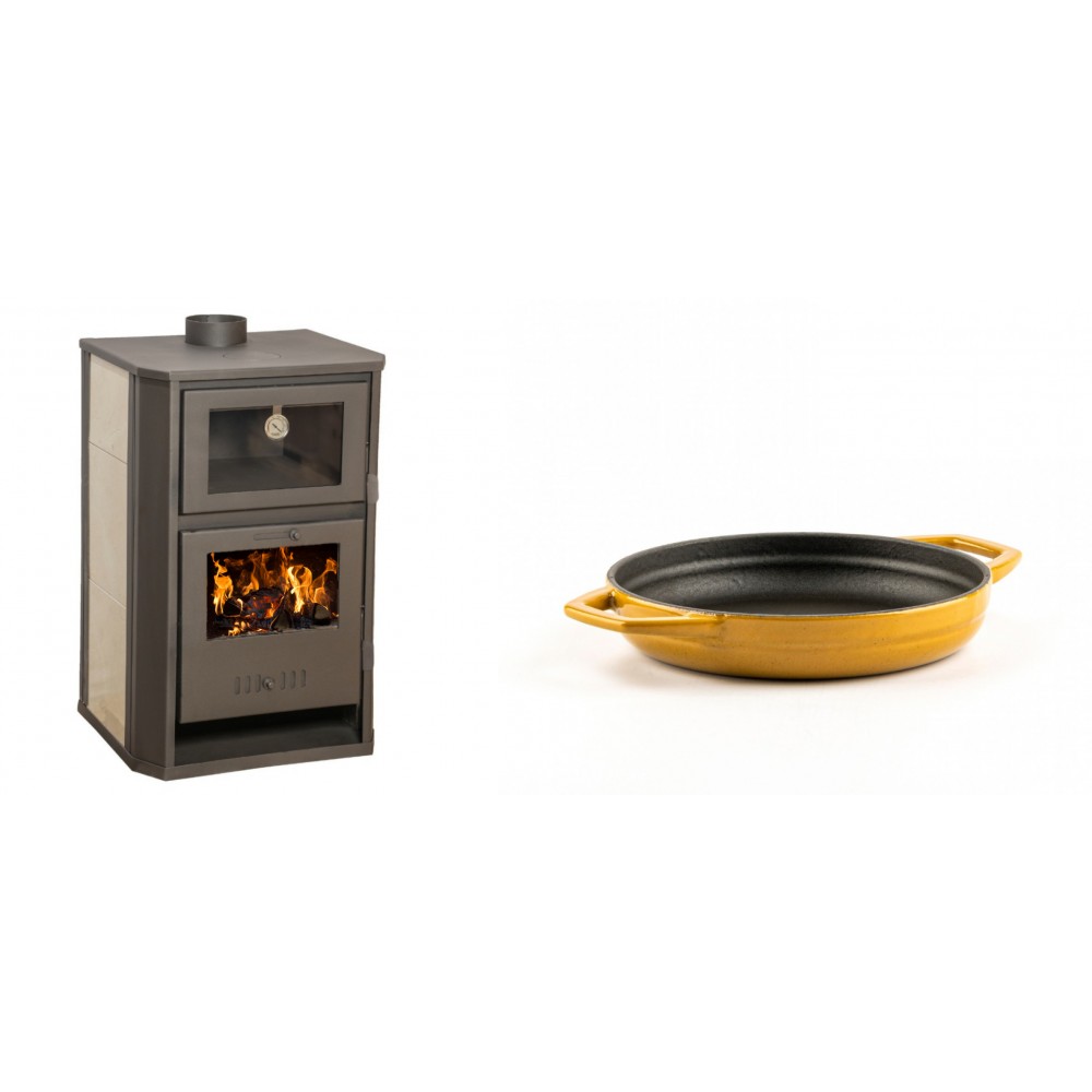 Set Kaminofen, Holzofen Wasserführend mit Backfach Balkan Energy, Modell Suzana Ceramic, 11.6kW - 17.5kW + Emaillierte gusseisenpfanne mit zwei Griffen Solagio, Dijon, Ф16cm