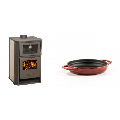 Set Kaminofen, Holzofen Wasserführend mit Backfach Balkan Energy, Modell Suzana Ceramic, 11.6kW - 17.5kW + Emaillierte gusseisenpfanne mit zwei Griffen Solagio, Rubin, Ф16cm - Balkan Energy