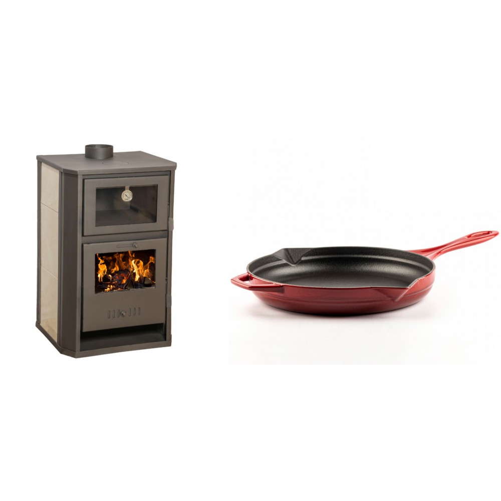 Set Kaminofen, Holzofen Wasserführend mit Backfach Balkan Energy, Modell Suzana Ceramic, 11.6kW - 17.5kW + Emaillierte Gusseisenpfanne Solagio, Rubin, Ф28cm