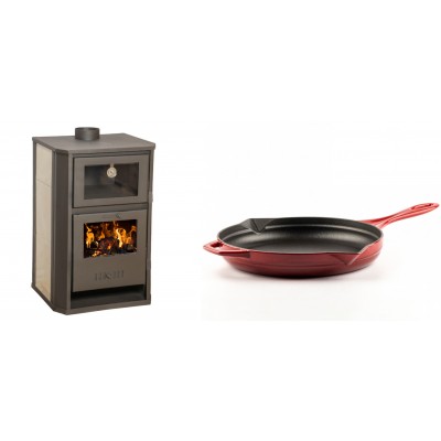 Set Kaminofen, Holzofen Wasserführend mit Backfach Balkan Energy, Modell Suzana Ceramic, 11.6kW - 17.5kW + Emaillierte Gusseisenpfanne Solagio, Rubin, Ф28cm - Balkan Energy