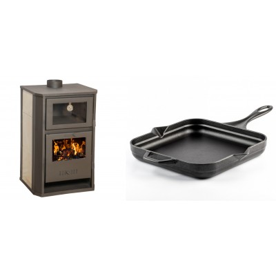 Set Kaminofen, Holzofen Wasserführend mit Backfach Balkan Energy, Modell Suzana Ceramic, 11.6kW - 17.5kW + Emaillierte Gusseisenpfanne Solagio, Black Onyx, 28x28cm - Balkan Energy
