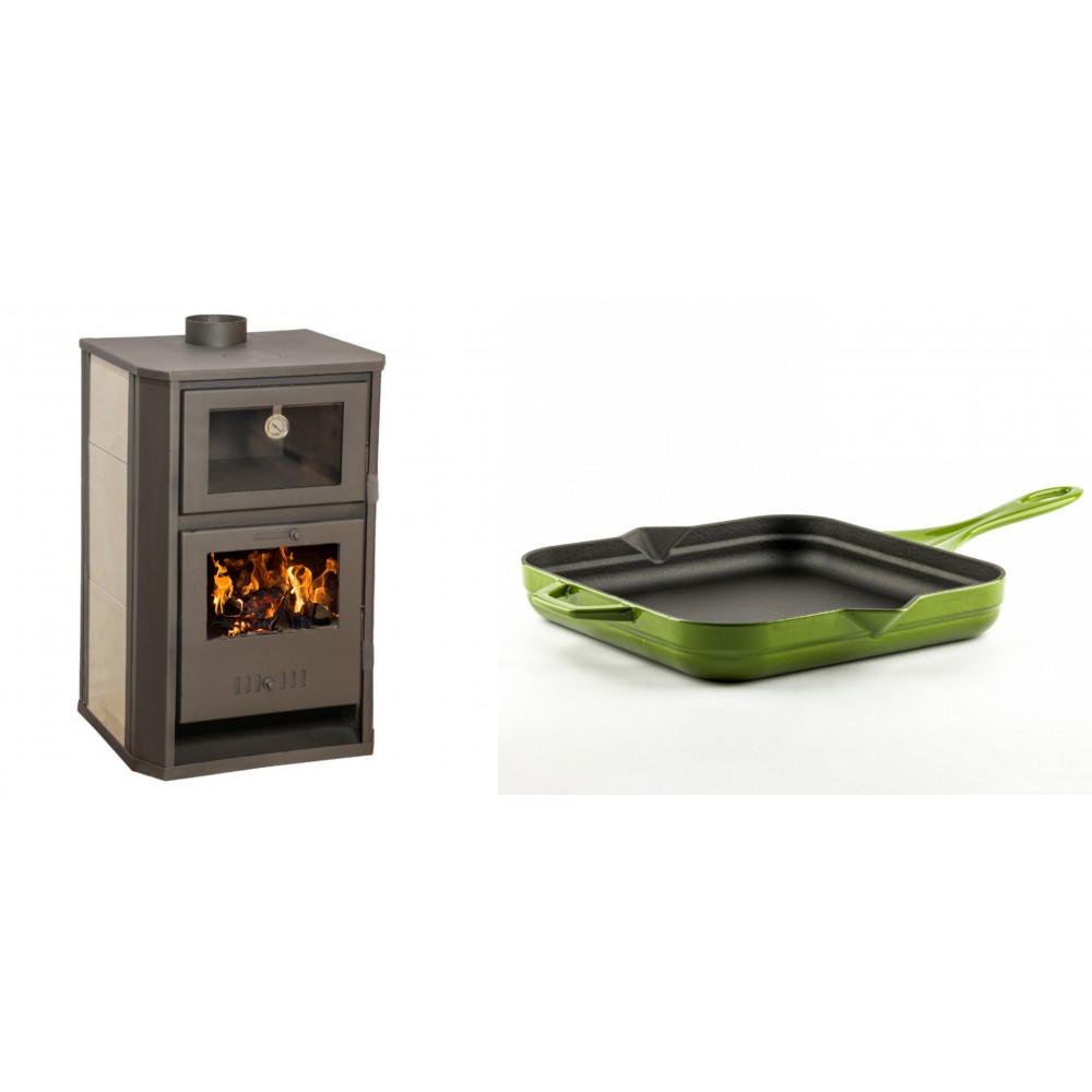 Set Kaminofen, Holzofen Wasserführend mit Backfach Balkan Energy, Modell Suzana Ceramic, 11.6kW - 17.5kW + Emaillierte Gusseisenpfanne Solagio, Bamboo, 28x28cm | Wasserführender Kaminofen | Kaminofen |