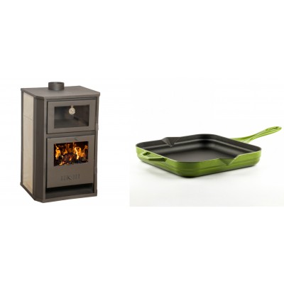 Set Kaminofen, Holzofen Wasserführend mit Backfach Balkan Energy, Modell Suzana Ceramic, 11.6kW - 17.5kW + Emaillierte Gusseisenpfanne Solagio, Bamboo, 28x28cm - Balkan Energy