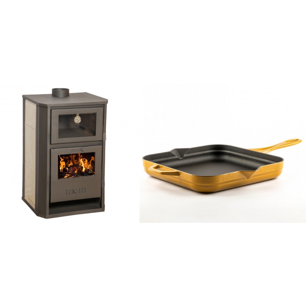 Set Kaminofen, Holzofen Wasserführend mit Backfach Balkan Energy, Modell Suzana Ceramic, 11.6kW - 17.5kW + Emaillierte Gusseisenpfanne Solagio, Dijon, 28x28cm