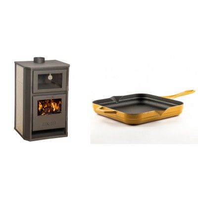 Set Kaminofen, Holzofen Wasserführend mit Backfach Balkan Energy, Modell Suzana Ceramic, 11.6kW - 17.5kW + Emaillierte Gusseisenpfanne Solagio, Dijon, 28x28cm - Balkan Energy