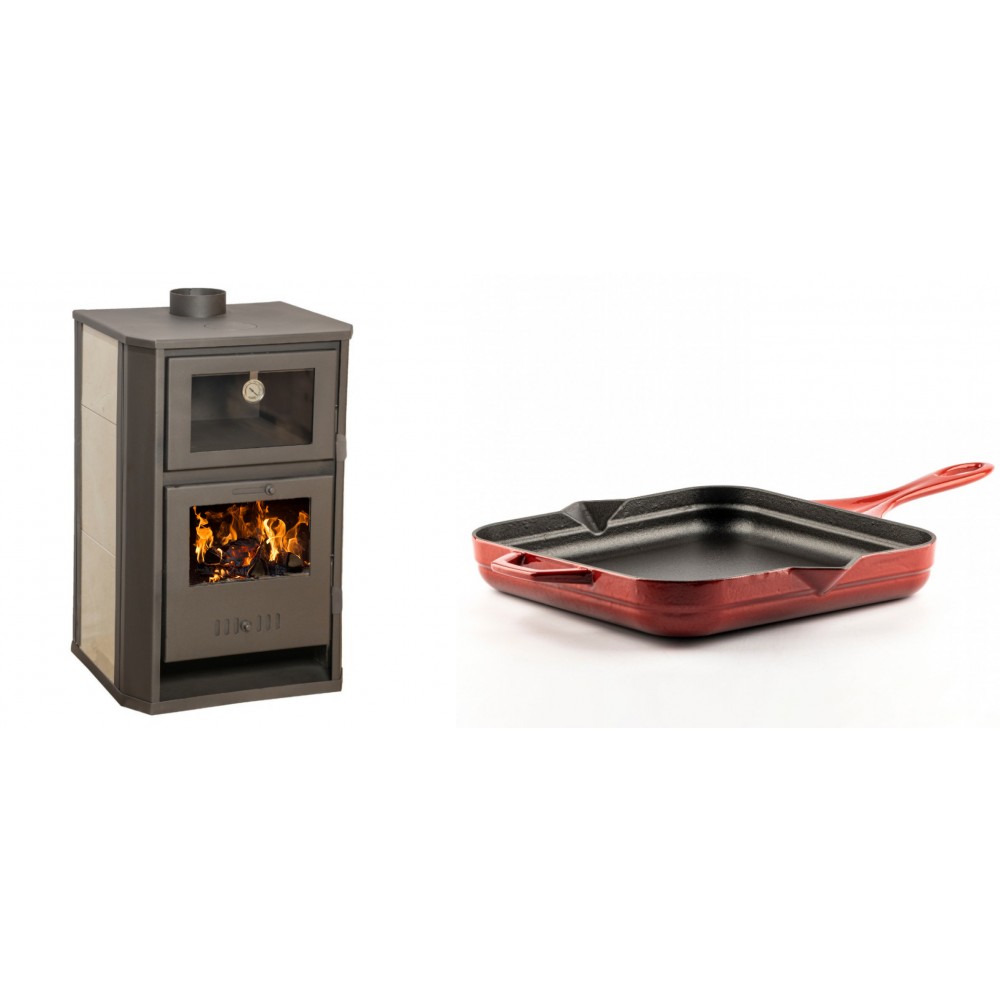 Set Kaminofen, Holzofen Wasserführend mit Backfach Balkan Energy, Modell Suzana Ceramic, 11.6kW - 17.5kW + Emaillierte Gusseisenpfanne Solagio, Rubin, 28x28cm | Wasserführender Kaminofen | Kaminofen |