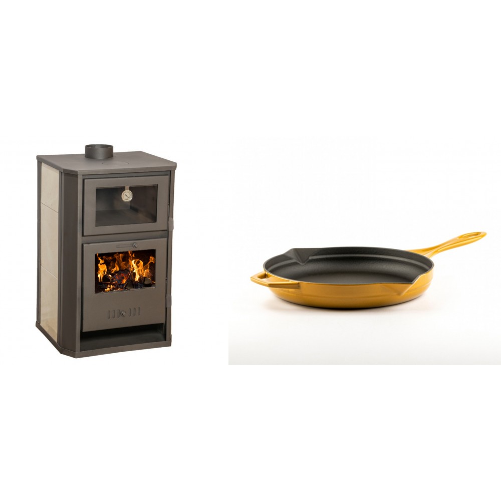 Set Kaminofen, Holzofen Wasserführend mit Backfach Balkan Energy, Modell Suzana Ceramic, 11.6kW - 17.5kW + Emaillierte Gusseisenpfanne Solagio, Dijon, Ф24cm | Wasserführender Kaminofen | Kaminofen |