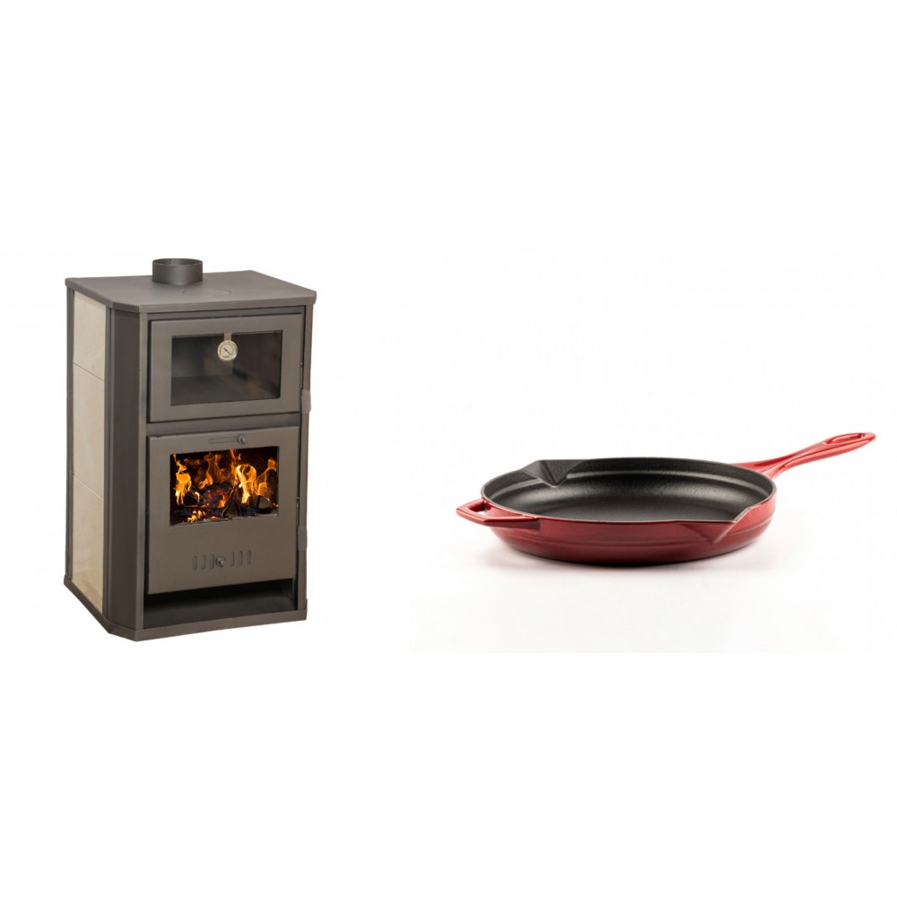 Set Kaminofen, Holzofen Wasserführend mit Backfach Balkan Energy, Modell Suzana Ceramic, 11.6kW - 17.5kW + Emaillierte Gusseisenpfanne Solagio, Rubin, Ф24cm