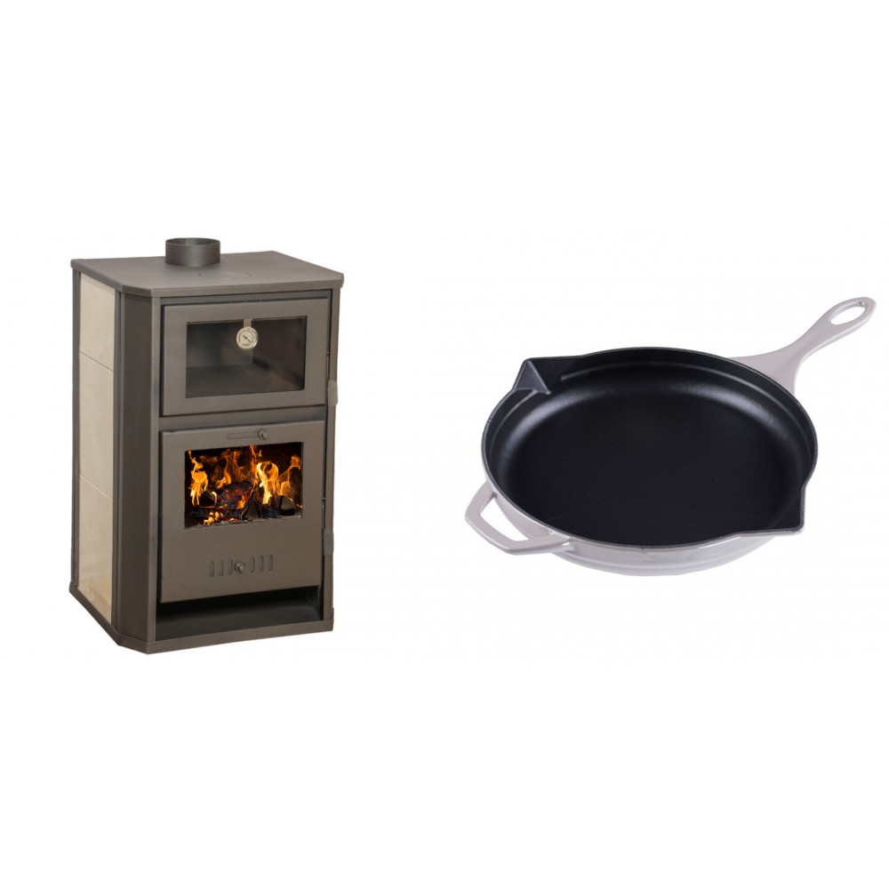 Set Kaminofen, Holzofen Wasserführend mit Backfach Balkan Energy, Modell Suzana Ceramic, 11.6kW - 17.5kW + Emaillierte Gusseisenpfanne Solagio, Ivory, Ф28cm