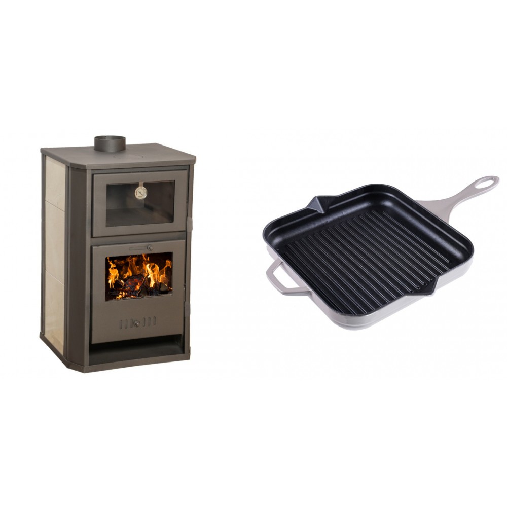 Set Kaminofen, Holzofen Wasserführend mit Backfach Balkan Energy, Modell Suzana Ceramic, 11.6kW - 17.5kW + Emaillierte grillpfanne Gusseisen Solagio, Ivory, 28x28cm