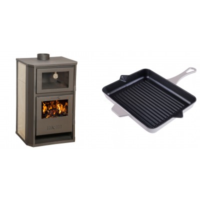 Set Kaminofen, Holzofen Wasserführend mit Backfach Balkan Energy, Modell Suzana Ceramic, 11.6kW - 17.5kW + Emaillierte grillpfanne Gusseisen Solagio, Ivory, 26x32cm - Kaminofen - Holzofen mit Backfach