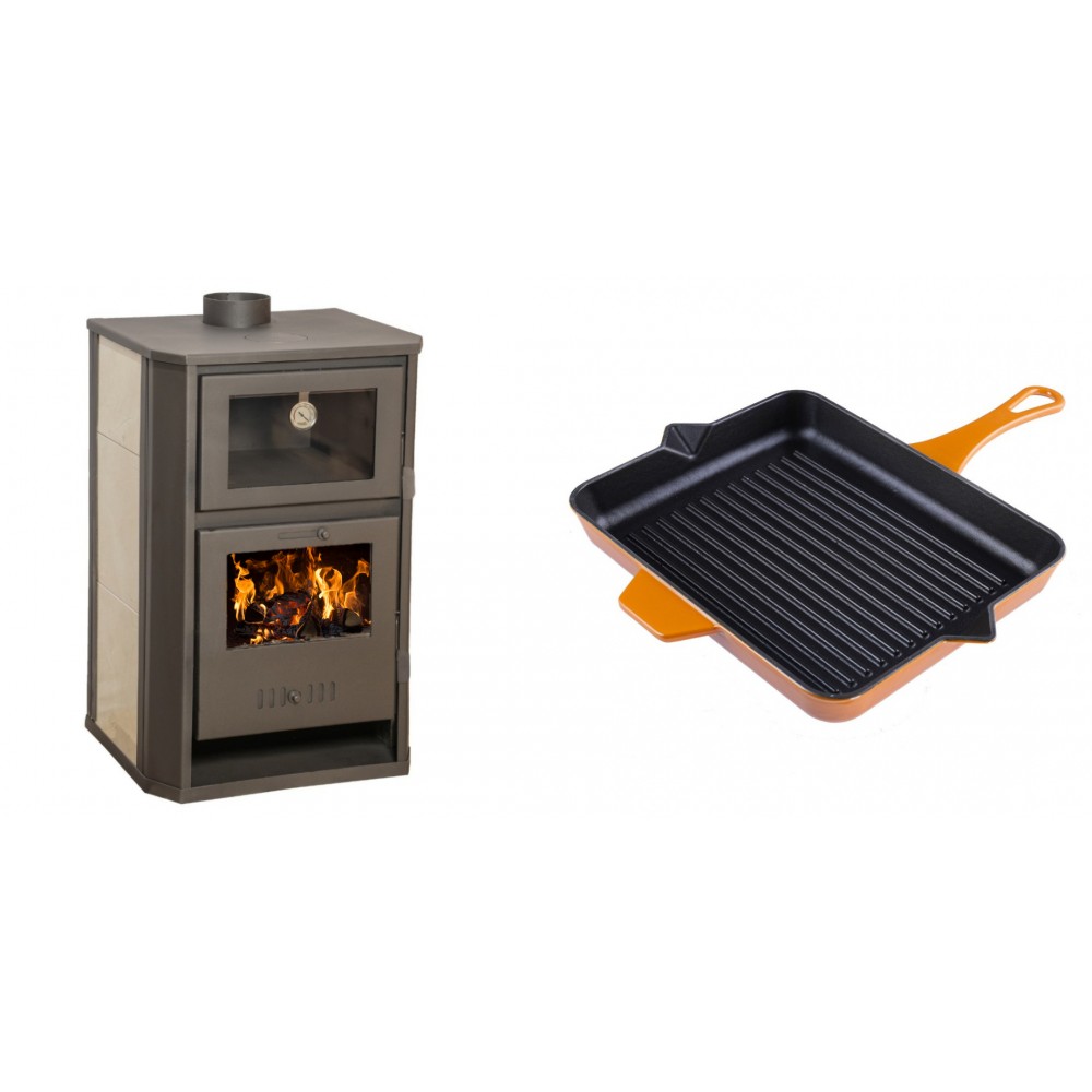 Set Kaminofen, Holzofen Wasserführend mit Backfach Balkan Energy, Modell Suzana Ceramic, 11.6kW - 17.5kW + Emaillierte grillpfanne Gusseisen Solagio, Dijon, 26x32cm