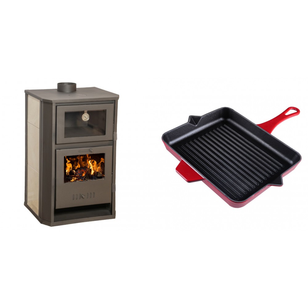 Set Kaminofen, Holzofen Wasserführend mit Backfach Balkan Energy, Modell Suzana Ceramic, 11.6kW - 17.5kW + Emaillierte grillpfanne Gusseisen Solagio, Rubin, 26x32cm | Wasserführender Kaminofen | Kaminofen |