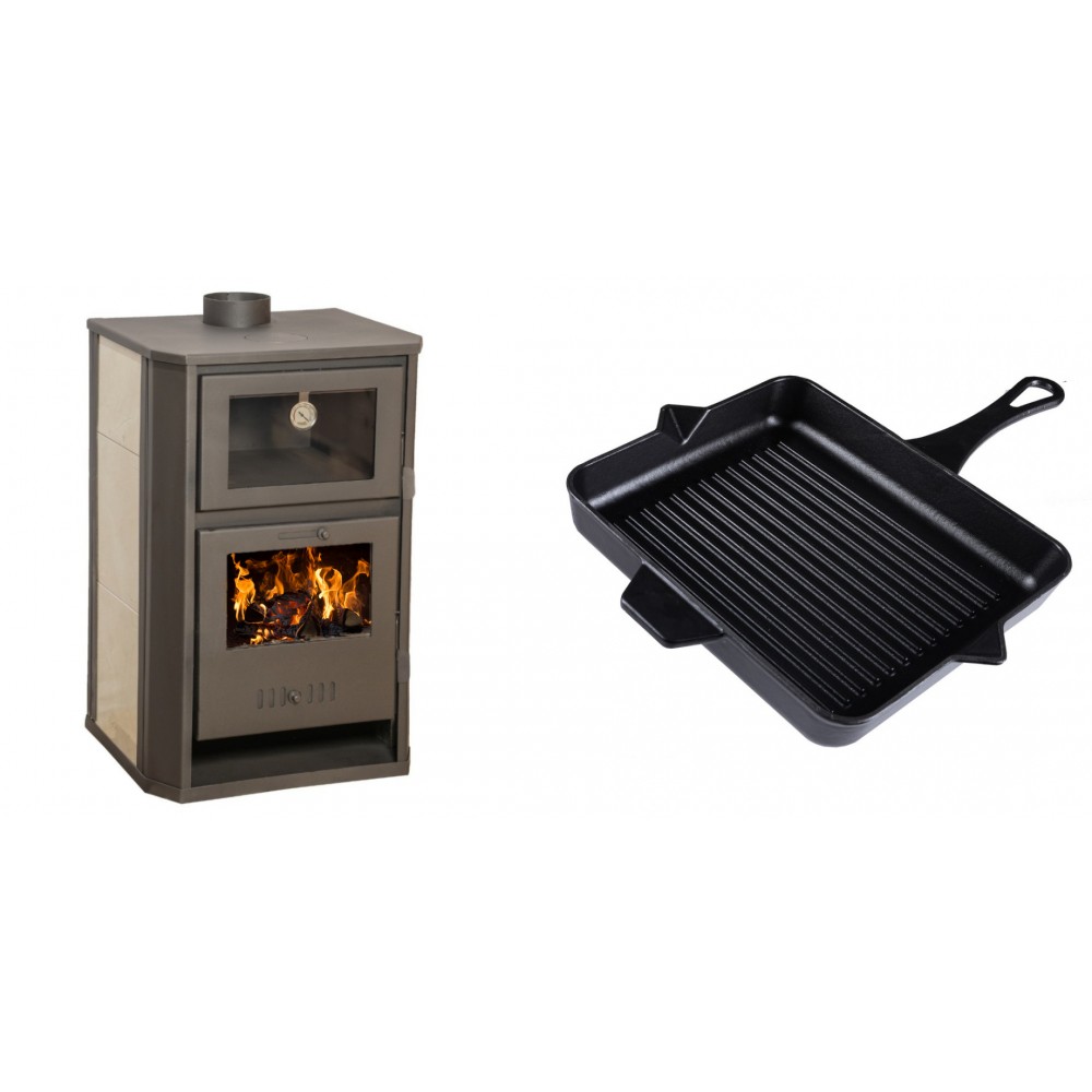 Set Kaminofen, Holzofen Wasserführend mit Backfach Balkan Energy, Modell Suzana Ceramic, 11.6kW - 17.5kW + Emaillierte grillpfanne Gusseisen Solagio, Black Onyx, 26x32cm | Wasserführender Kaminofen | Kaminofen |