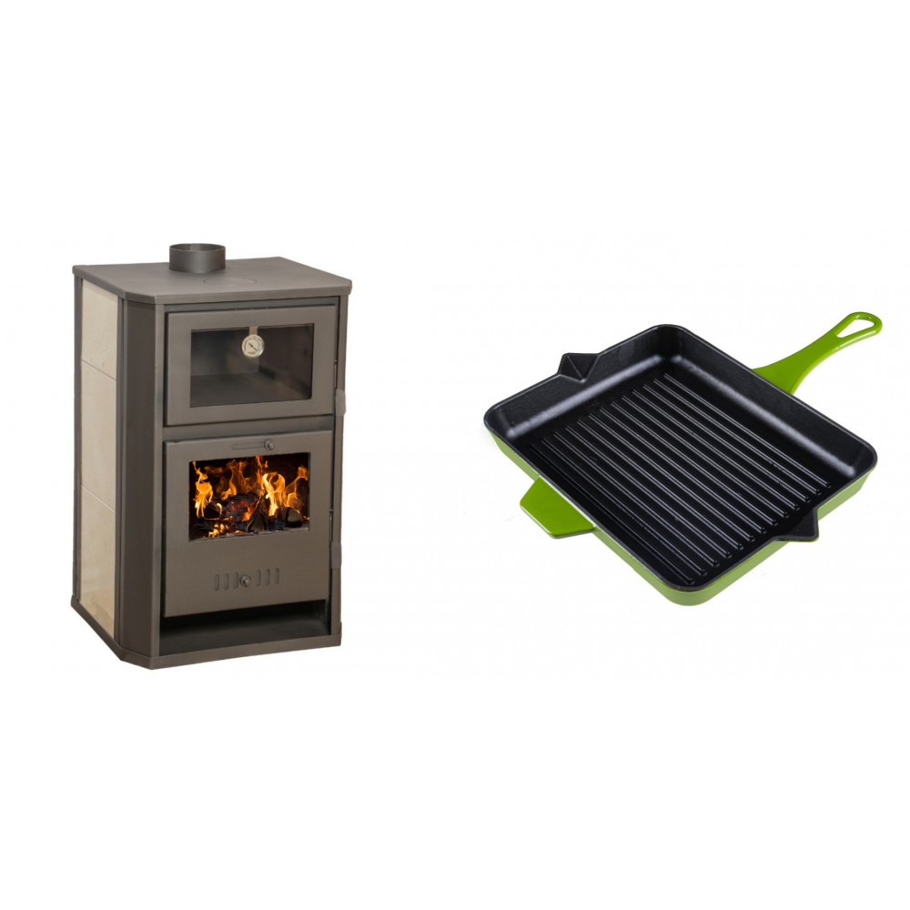 Set Kaminofen, Holzofen Wasserführend mit Backfach Balkan Energy, Modell Suzana Ceramic, 11.6kW - 17.5kW + Emaillierte grillpfanne Gusseisen Solagio, Bamboo, 26x32cm
