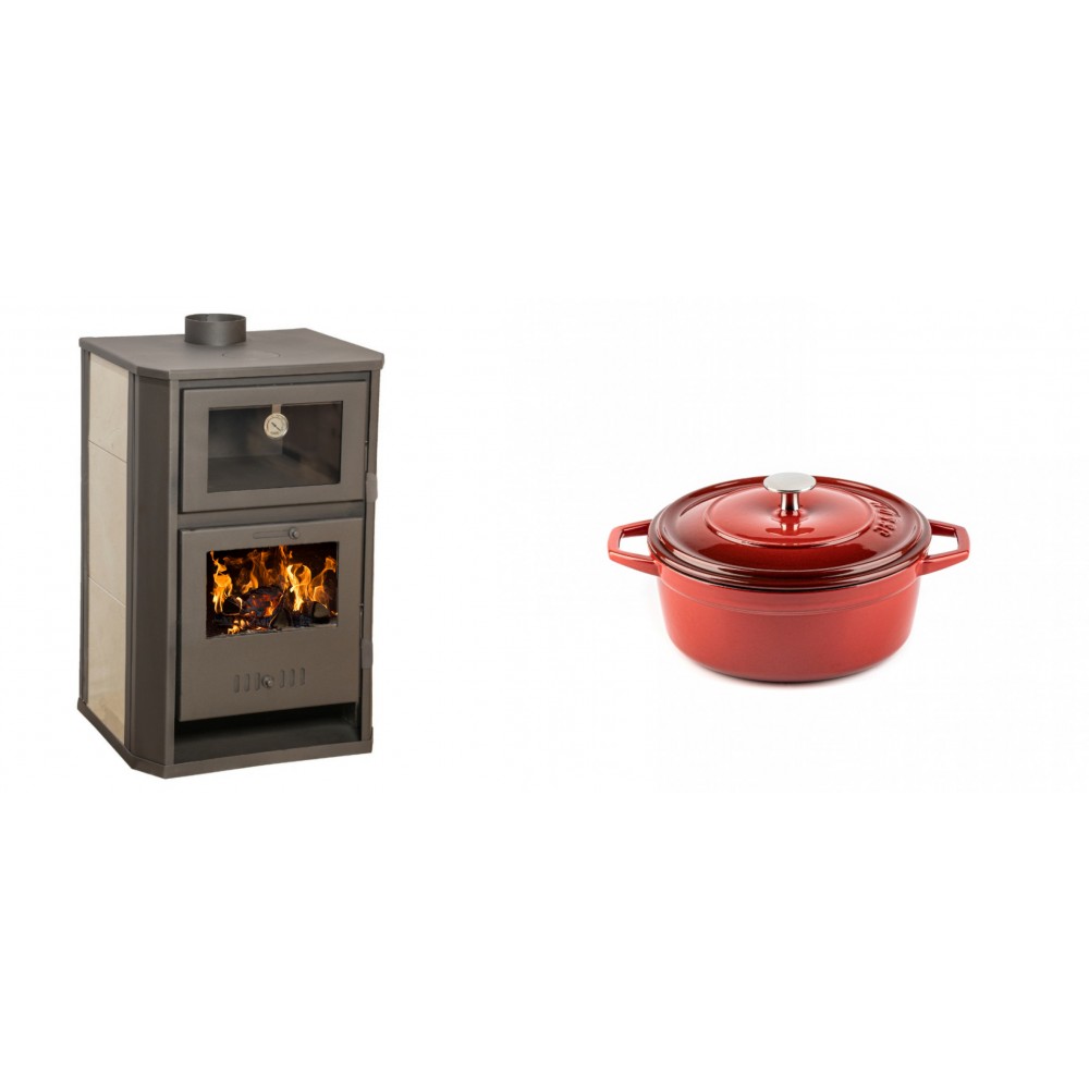 Set Kaminofen, Holzofen Wasserführend mit Backfach Balkan Energy, Modell Suzana Ceramic, 11.6kW - 17.5kW + Gusseisen Topf Tiefer Solagio, Rubin, Ф12