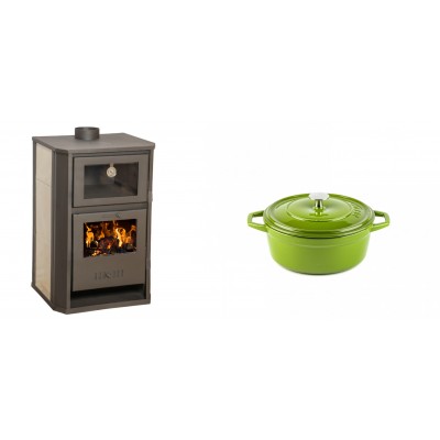 Set Kaminofen, Holzofen Wasserführend mit Backfach Balkan Energy, Modell Suzana Ceramic, 11.6kW - 17.5kW + Gusseisen Topf Tiefer Solagio, Bamboo, Ф12 - Balkan Energy