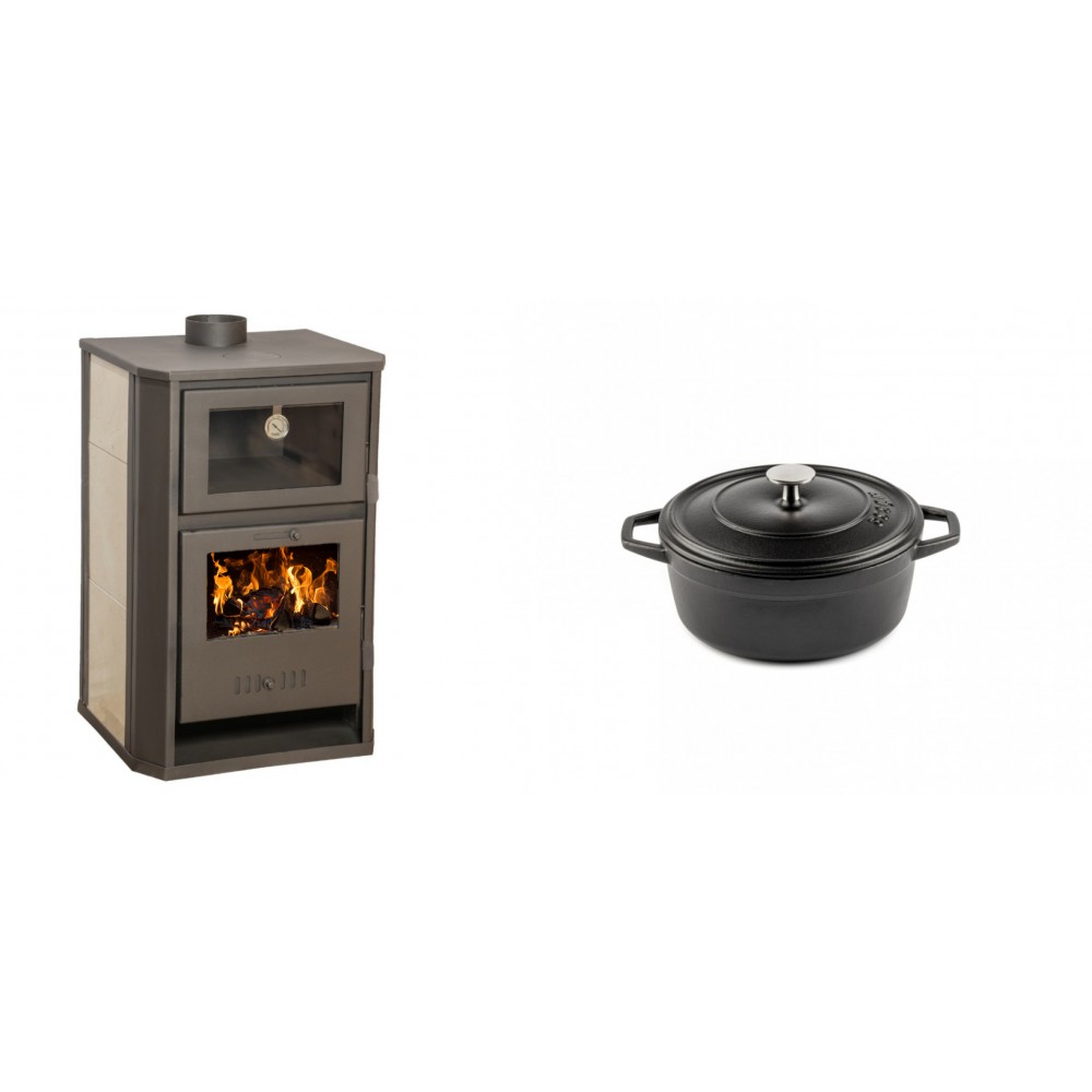 Set Kaminofen, Holzofen Wasserführend mit Backfach Balkan Energy, Modell Suzana Ceramic, 11.6kW - 17.5kW + Gusseisen Topf Tiefer Solagio, Black Onyx, Ф12