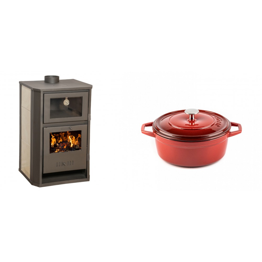Set Kaminofen, Holzofen Wasserführend mit Backfach Balkan Energy, Modell Suzana Ceramic, 11.6kW - 17.5kW + Gusseisen Topf Tiefer Solagio, Rubin, Ф20