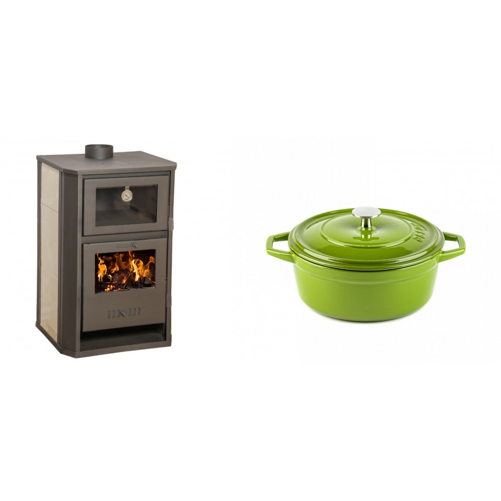 Set Kaminofen, Holzofen Wasserführend mit Backfach Balkan Energy, Modell Suzana Ceramic, 11.6kW - 17.5kW + Gusseisen Topf Tiefer Solagio, Bamboo, Ф20