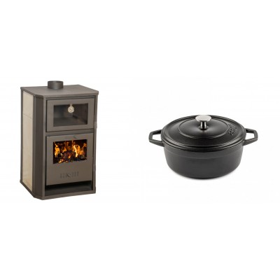Set Kaminofen, Holzofen Wasserführend mit Backfach Balkan Energy, Modell Suzana Ceramic, 11.6kW - 17.5kW + Gusseisen Topf Tiefer Solagio, Black Onyx, Ф20 - Balkan Energy