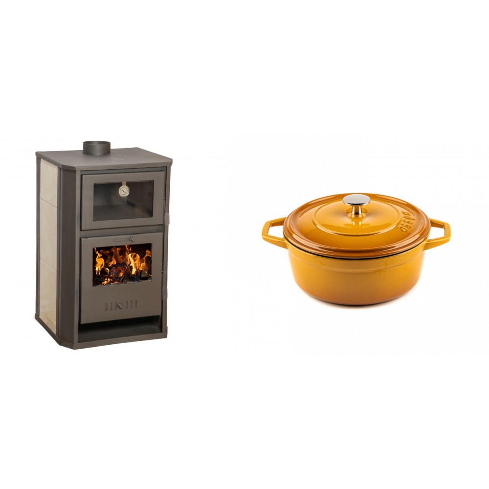Set Kaminofen, Holzofen Wasserführend mit Backfach Balkan Energy, Modell Suzana Ceramic, 11.6kW - 17.5kW + Gusseisen Topf Tiefer Solagio, Dijon, Ф20