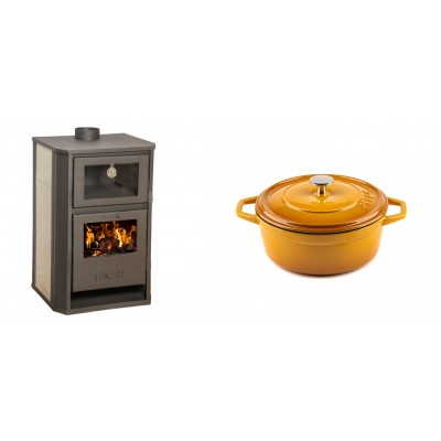 Set Kaminofen, Holzofen Wasserführend mit Backfach Balkan Energy, Modell Suzana Ceramic, 11.6kW - 17.5kW + Gusseisen Topf Tiefer Solagio, Dijon, Ф20 - Balkan Energy