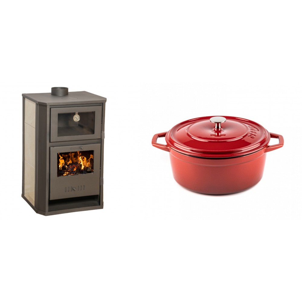 Set Kaminofen, Holzofen Wasserführend mit Backfach Balkan Energy, Modell Suzana Ceramic, 11.6kW - 17.5kW + Gusseisen Topf Tiefer Solagio, Rubin, Ф24