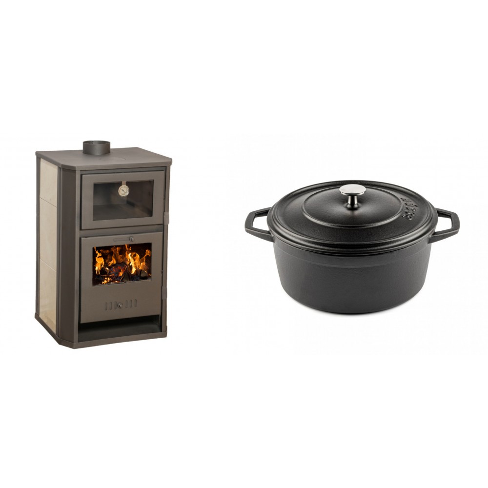 Set Kaminofen, Holzofen Wasserführend mit Backfach Balkan Energy, Modell Suzana Ceramic, 11.6kW - 17.5kW + Gusseisen Topf Tiefer Solagio, Black Onyx, Ф24 | Wasserführender Kaminofen | Kaminofen |