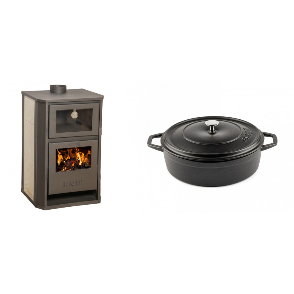 Set Kaminofen, Holzofen Wasserführend mit Backfach Balkan Energy, Modell Suzana Ceramic, 11.6kW - 17.5kW + Gusseisen Topf Flach Solagio, Black Onyx, Ф26