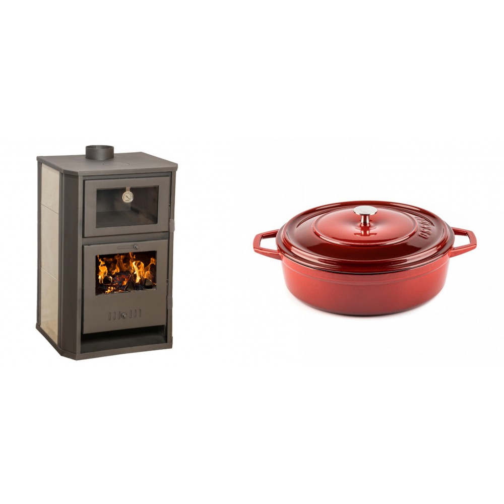 Set Kaminofen, Holzofen Wasserführend mit Backfach Balkan Energy, Modell Suzana Ceramic, 11.6kW - 17.5kW + Gusseisen Topf Flach Solagio, Rubin, Ф26